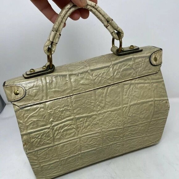 Vintage Gray Beige Croc Embossed Leather Hand Bag - Picture 4 of 8